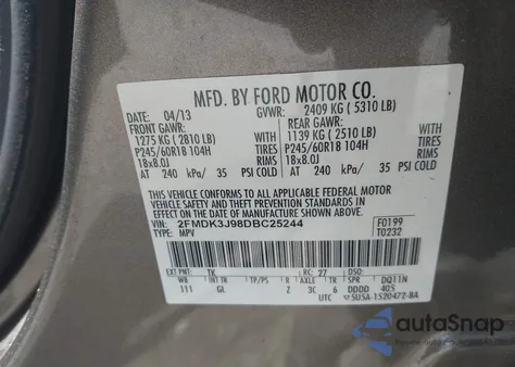 2013 Ford Edge Sel from USA, damaged, VIN 2FMDK3J98DBC25244